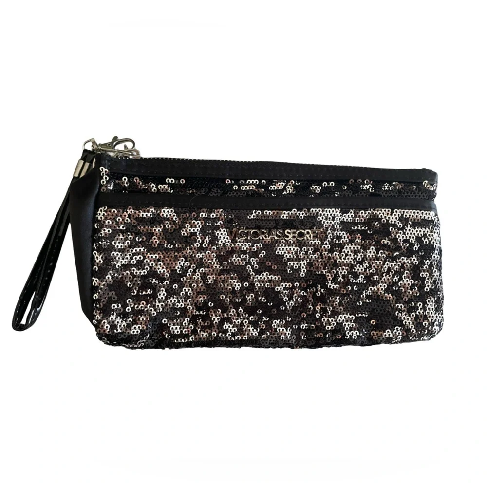 Victoria's Secret Black and Silver Sequin Double Zip Clutch Wristlet